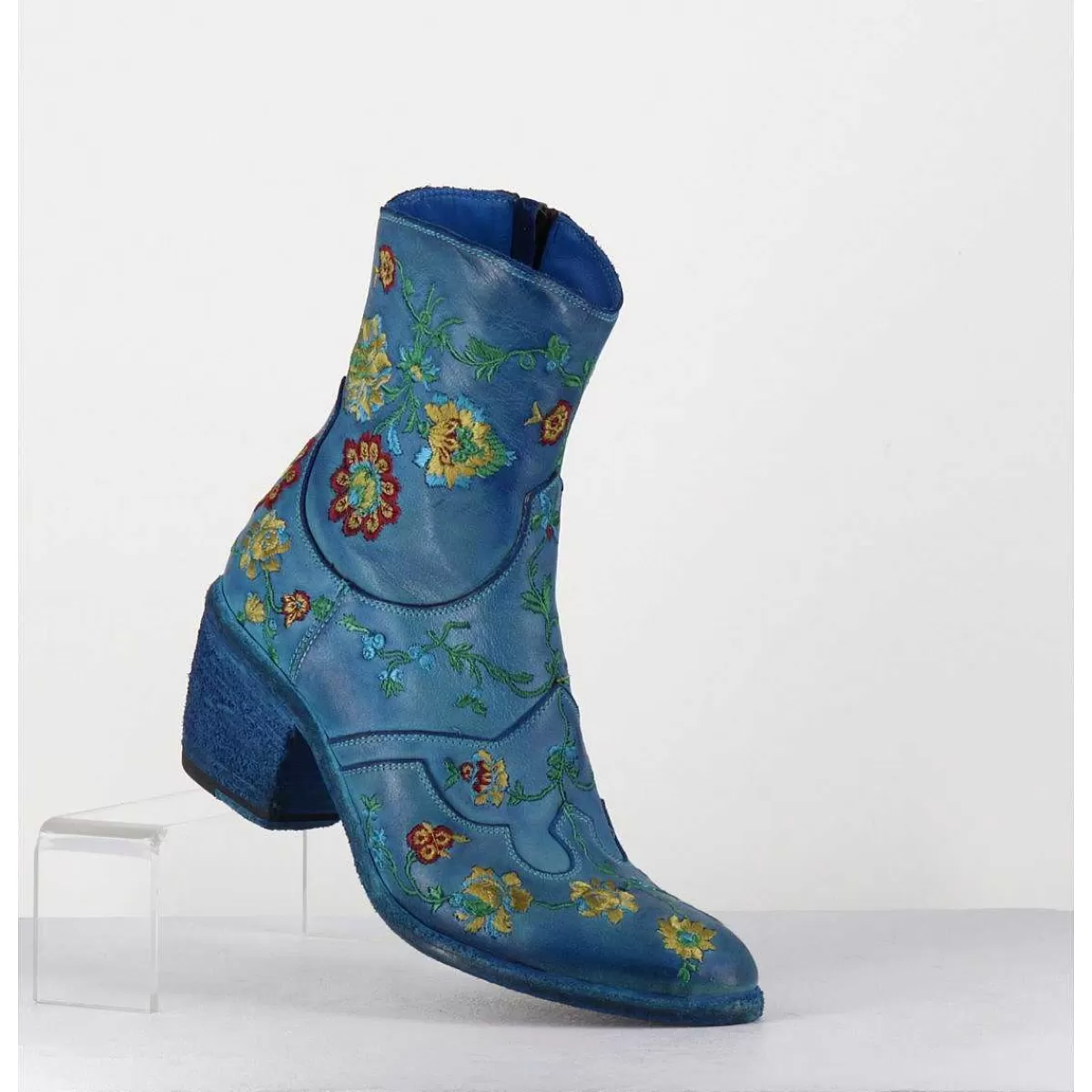 Online Boots En Cuir Bleu Broderies Fleurs - 3207C Alfa Cielo Femmes Santiags