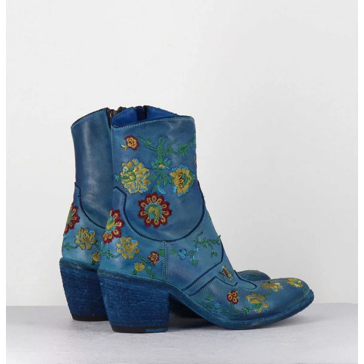 Online Boots En Cuir Bleu Broderies Fleurs - 3207C Alfa Cielo Femmes Santiags