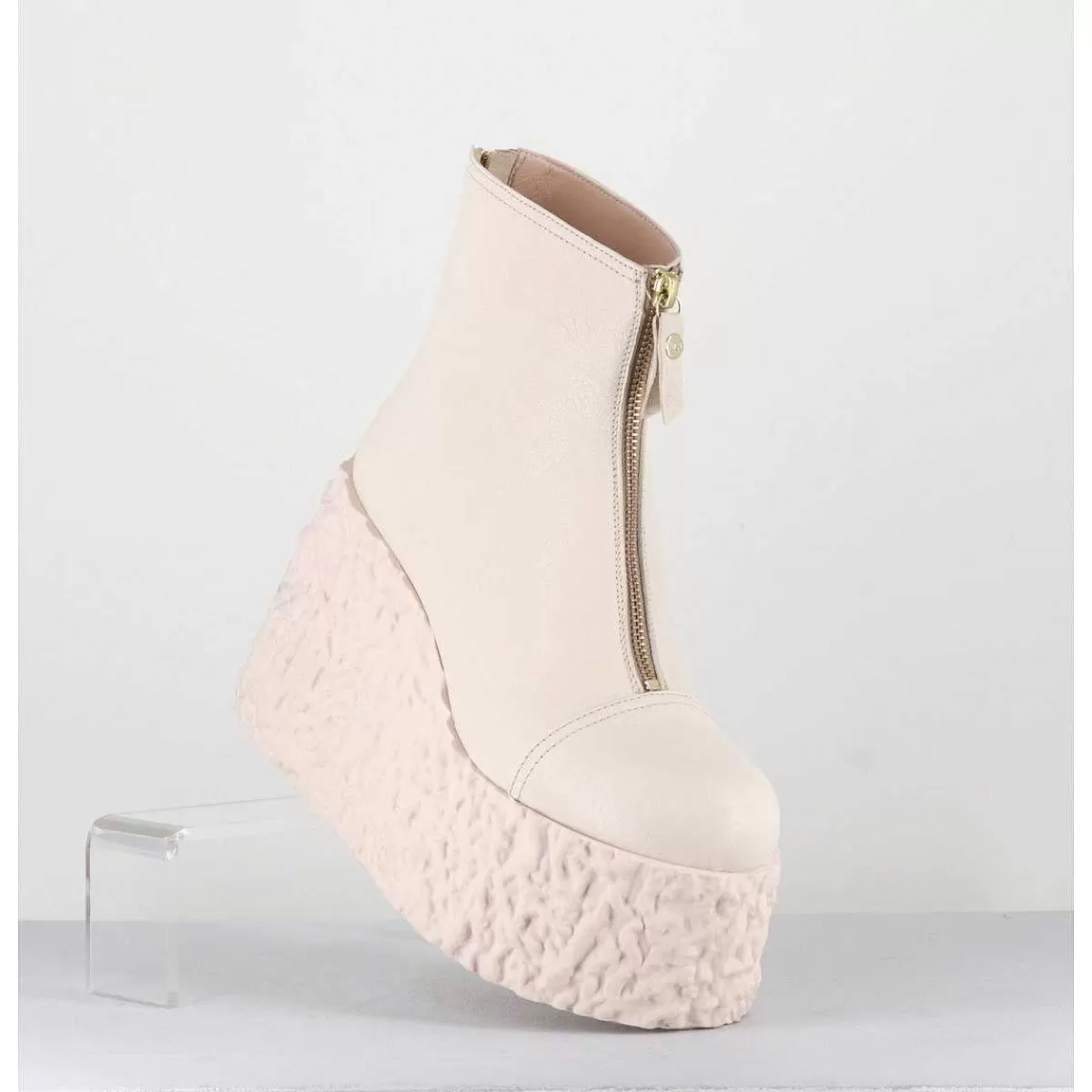 Store Boots En Cuir Creme Zip Avant&Arriere - Lava Ice Femmes Plateformes