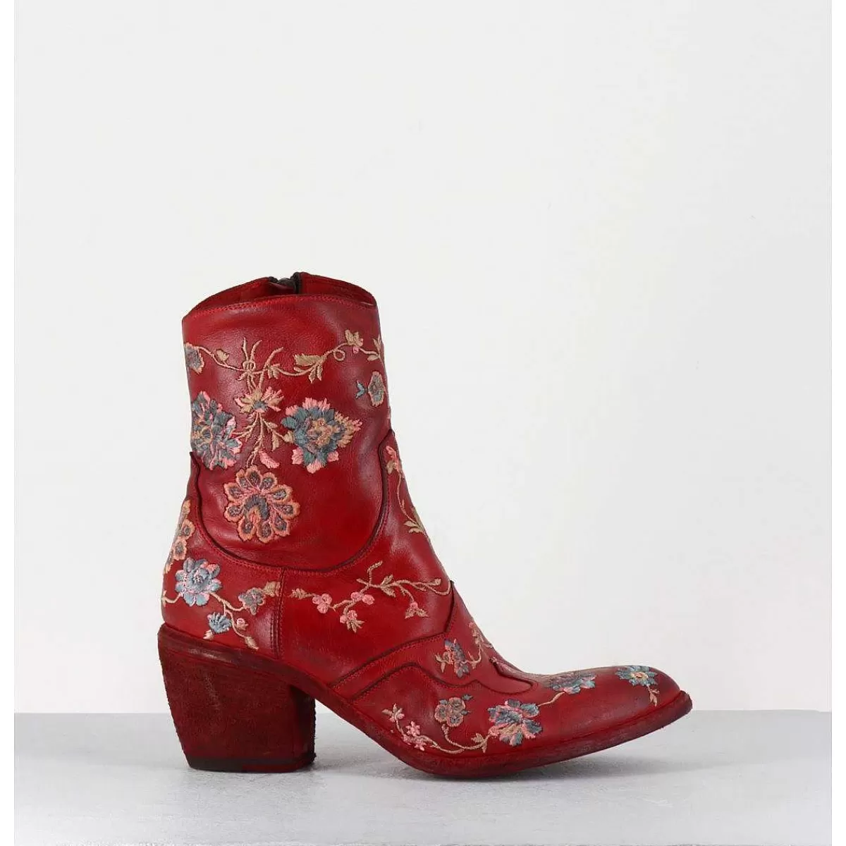 Hot Boots En Cuir Rouge Broderies Fleurs - 3207 Ignis Rosso Femmes Santiags