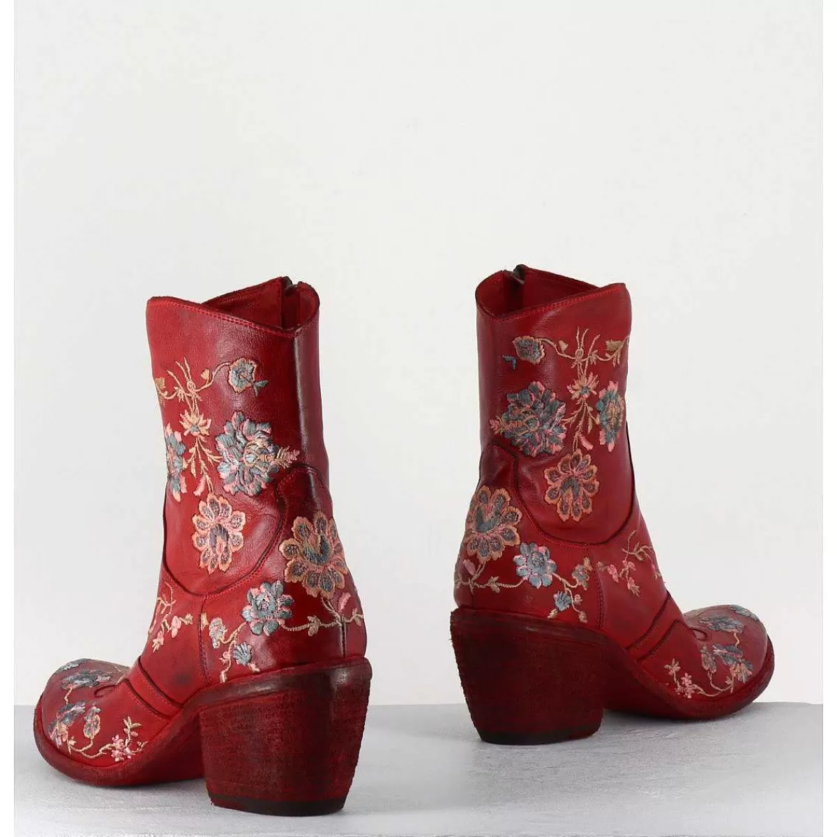 Hot Boots En Cuir Rouge Broderies Fleurs - 3207 Ignis Rosso Femmes Santiags