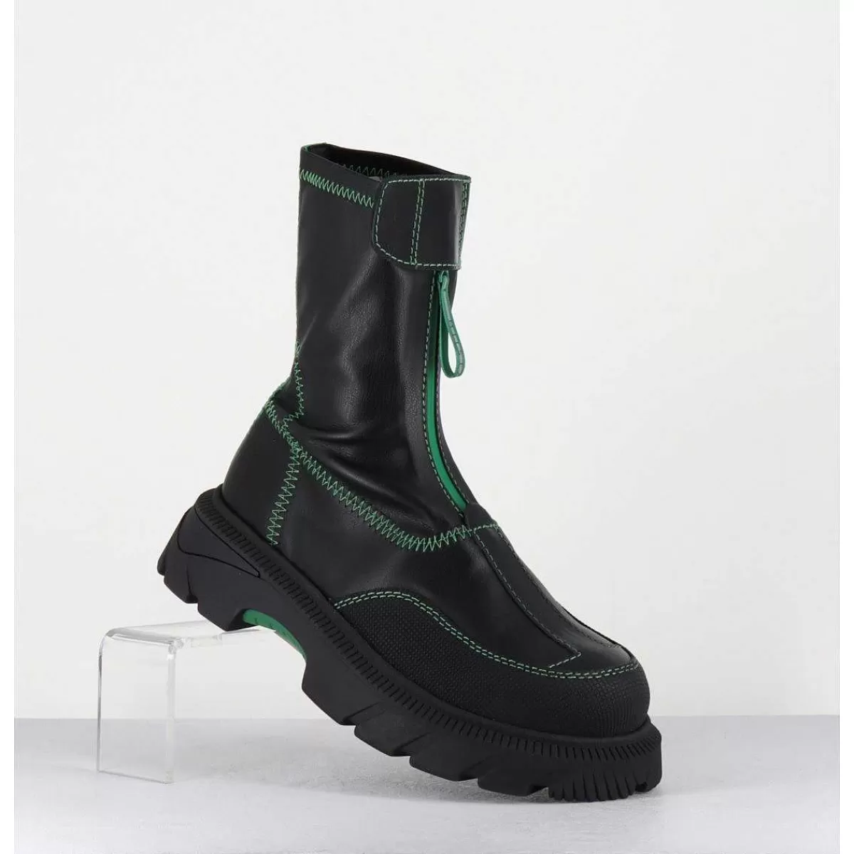 Discount Boots En Cuir Stretch Noir & Vert - Danica Raven Black Femmes Boots