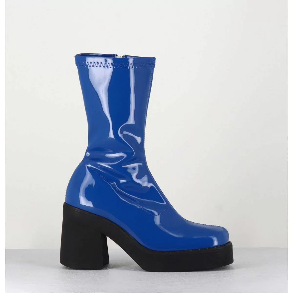 Sale Boots Galbante En Stretch Vernis Bleu - Noely Blue Boots Femmes Plateformes