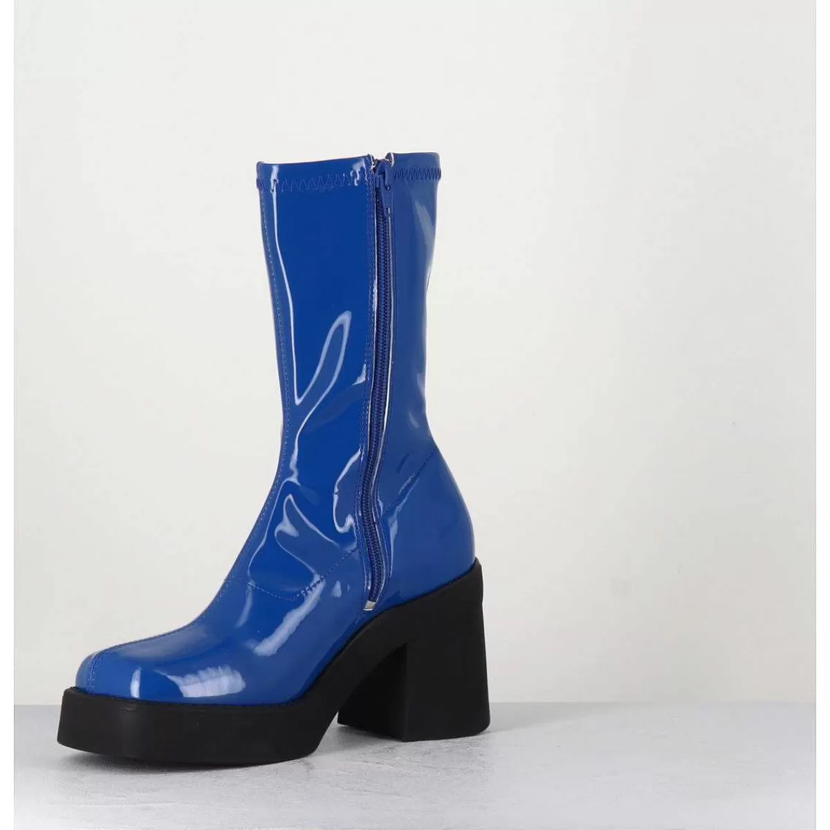 Sale Boots Galbante En Stretch Vernis Bleu - Noely Blue Boots Femmes Plateformes