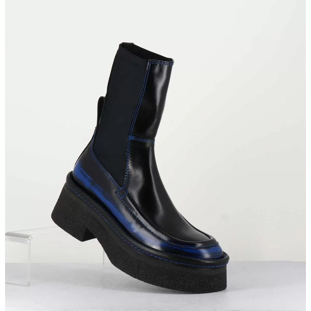 Shop Boots Textile Stretch&Cuir Noir Brosse Bleu - Amarah Blue Boots Femmes Plateformes