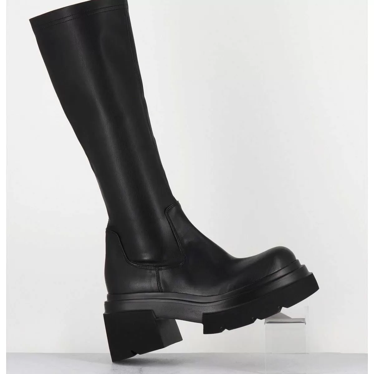 New Botte Chunky En Cuir Stretch Noir - E3716 Link Nero Femmes Bottes