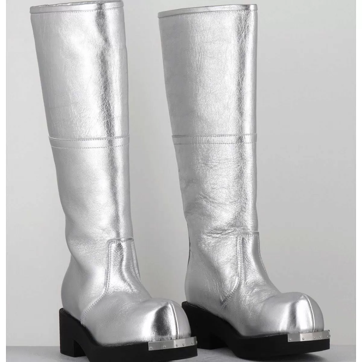 Outlet Bottes Biker En Cuir Metallise Argent - S66Ww0075 T9002 Femmes Bottes