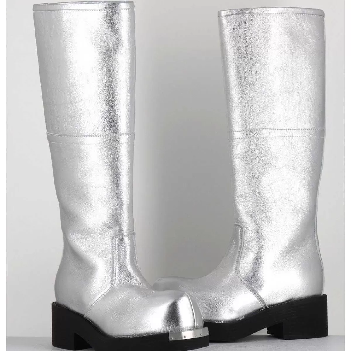 Outlet Bottes Biker En Cuir Metallise Argent - S66Ww0075 T9002 Femmes Bottes