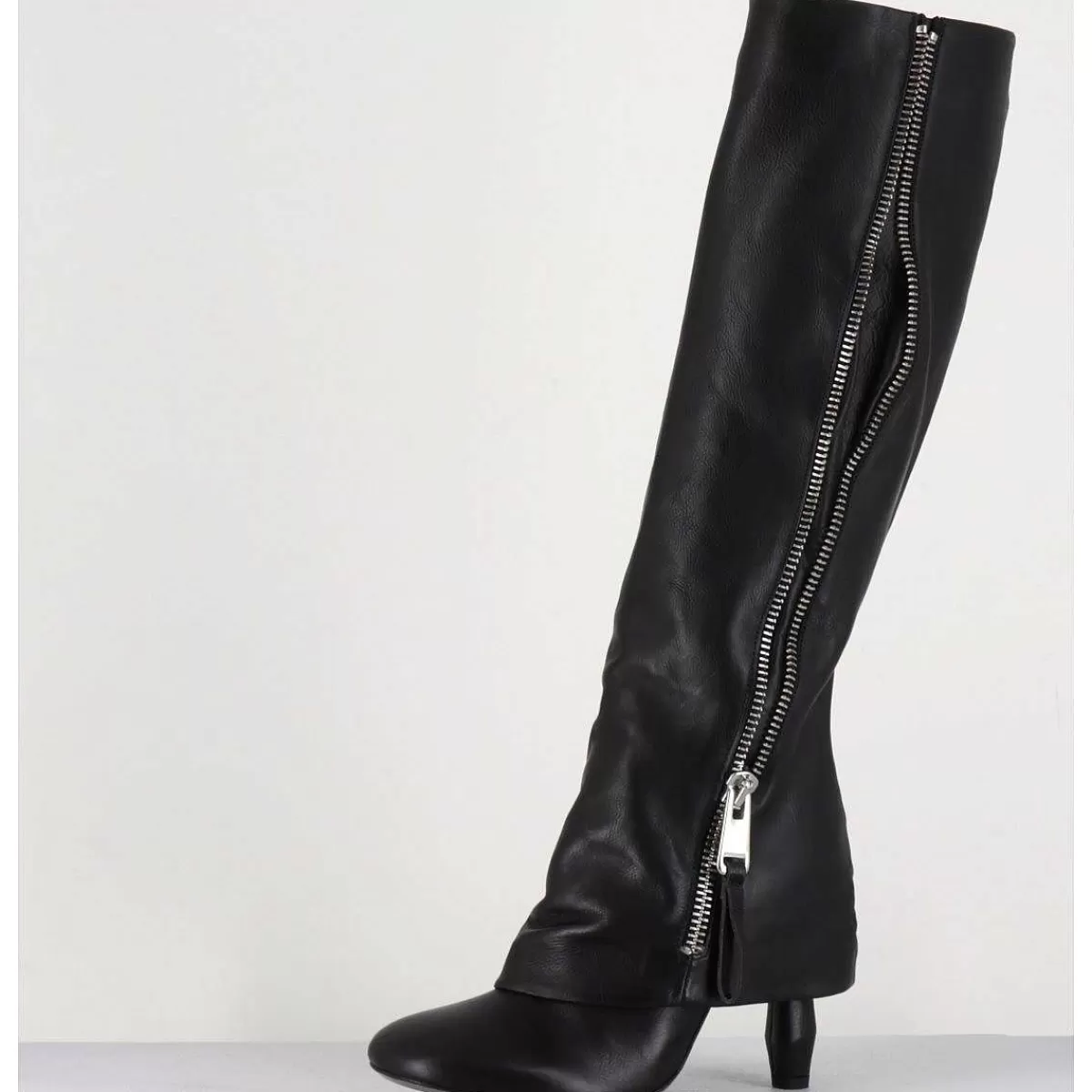 Store Bottes En Cuir Noir Guetre & Zip Destructurees - M22I97602 Black Femmes Bottes