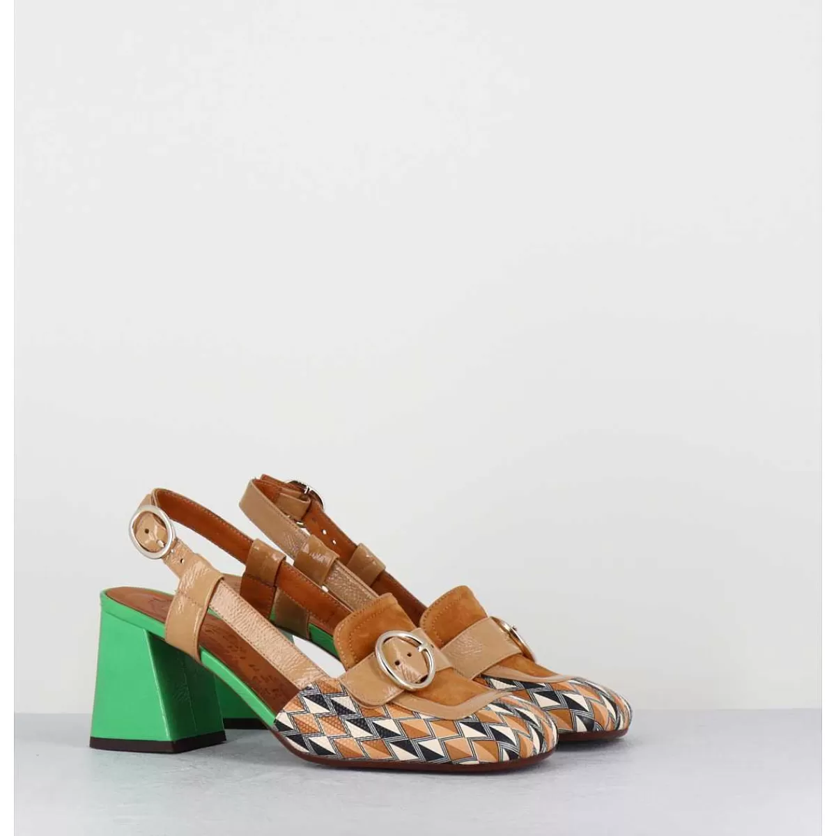 Clearance Mocassins Slingback Motif Retro Camel & Vert - Suyli Blues Cuero Femmes Chaussures