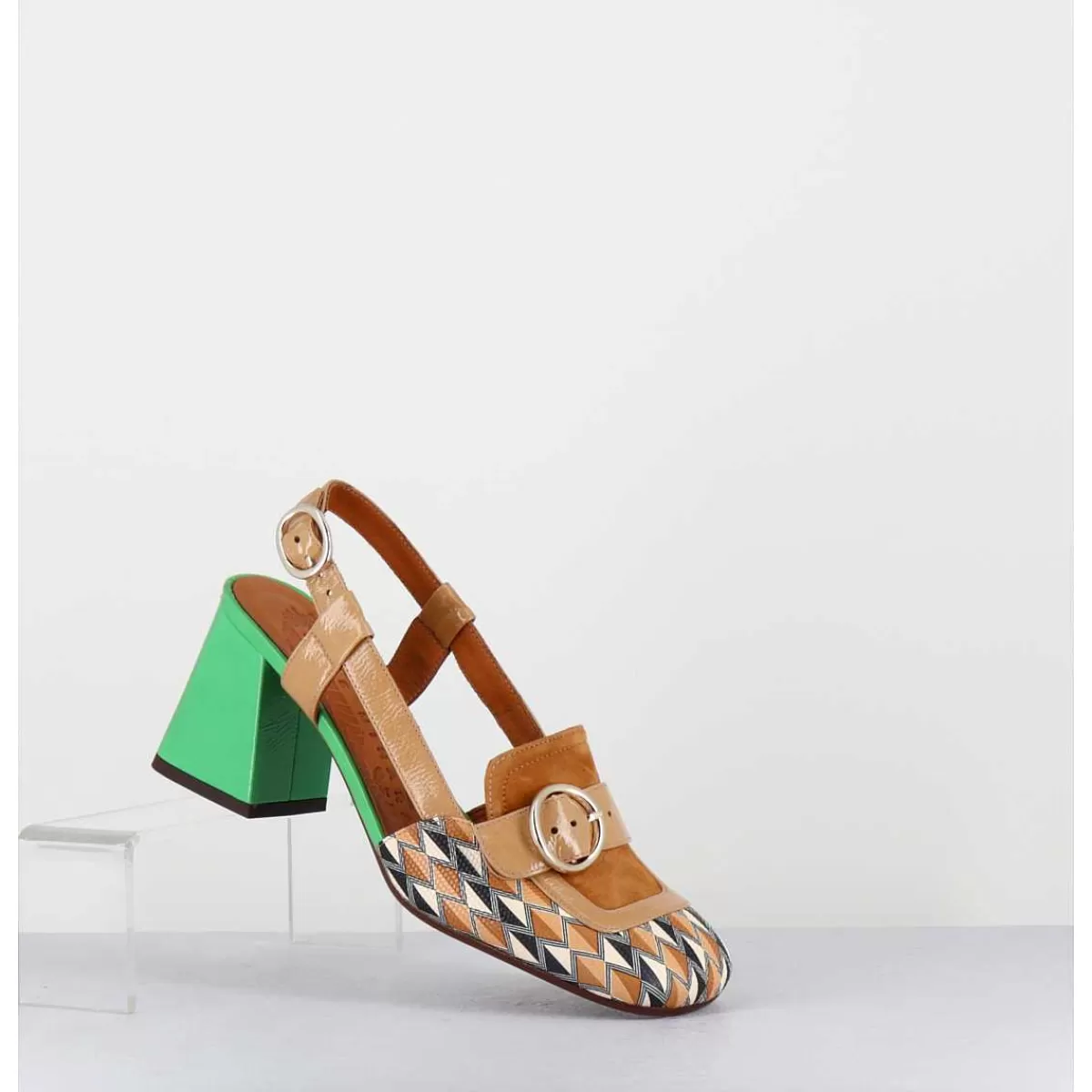 Clearance Mocassins Slingback Motif Retro Camel & Vert - Suyli Blues Cuero Femmes Chaussures