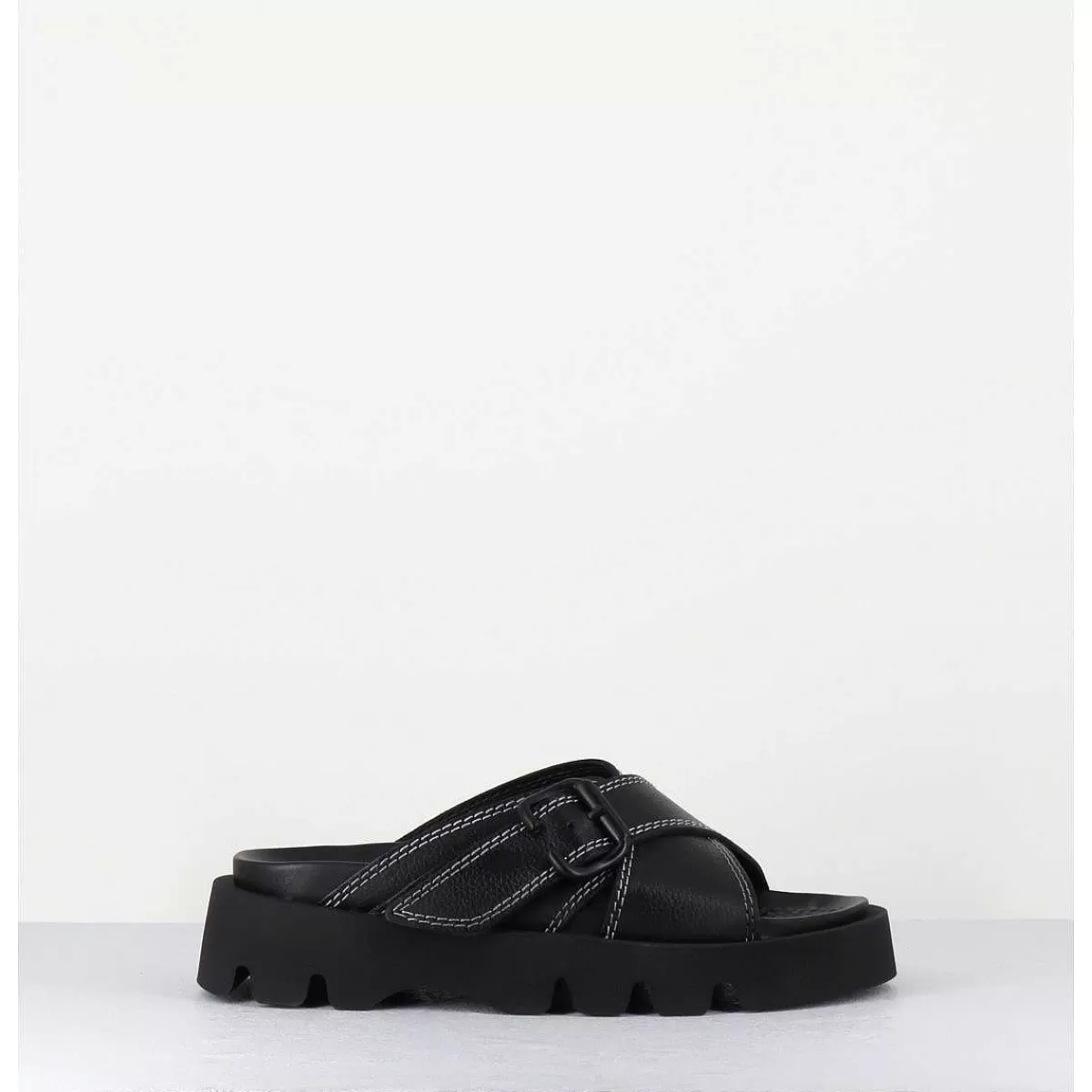 Sale Mules En Cuir Noir Semelle Crantee - Lacey Black Sandals Femmes Sandales