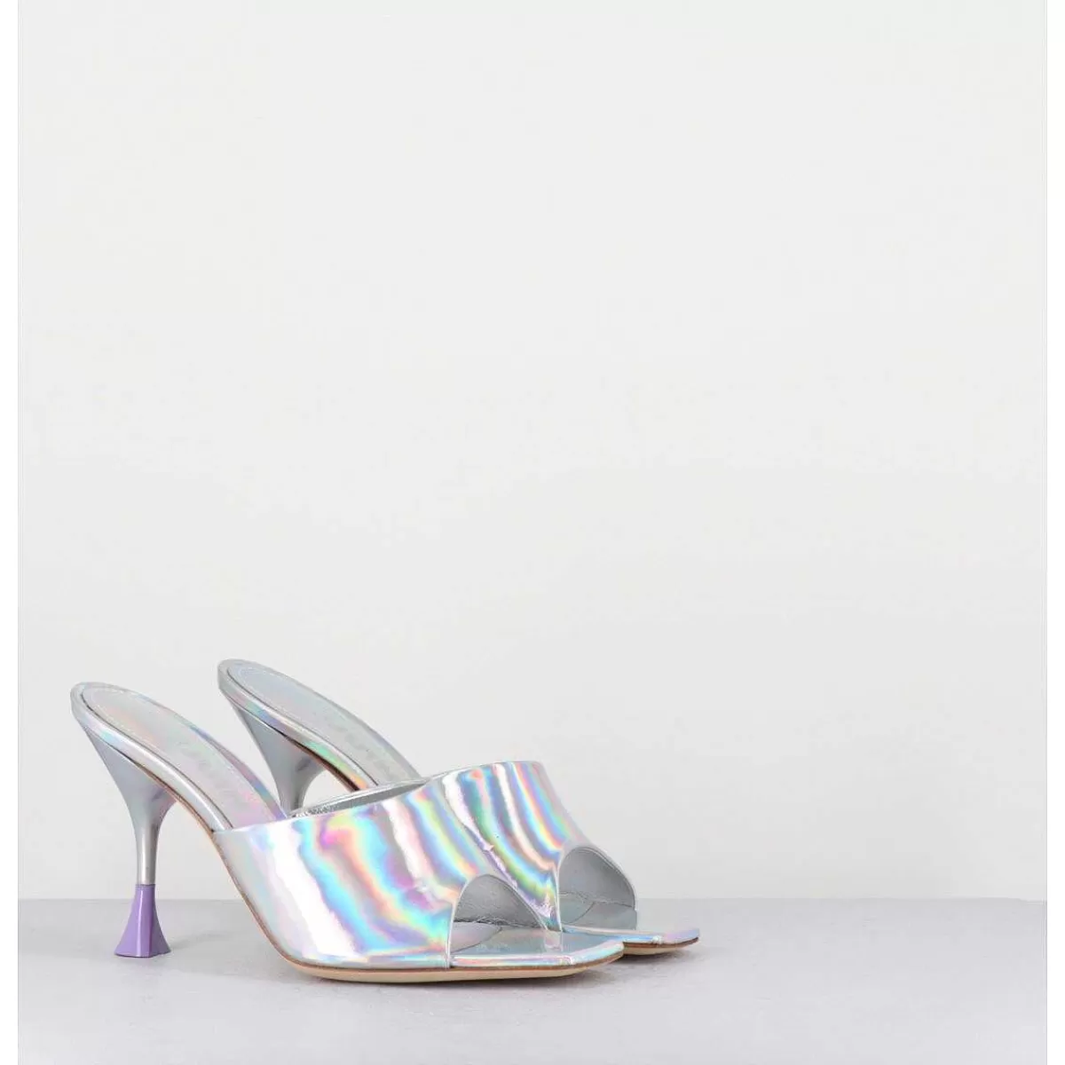 Best Sale Mules Talon Haut Cuir Iridescent Argent - Asia Cosmo Silver Femmes Sandales