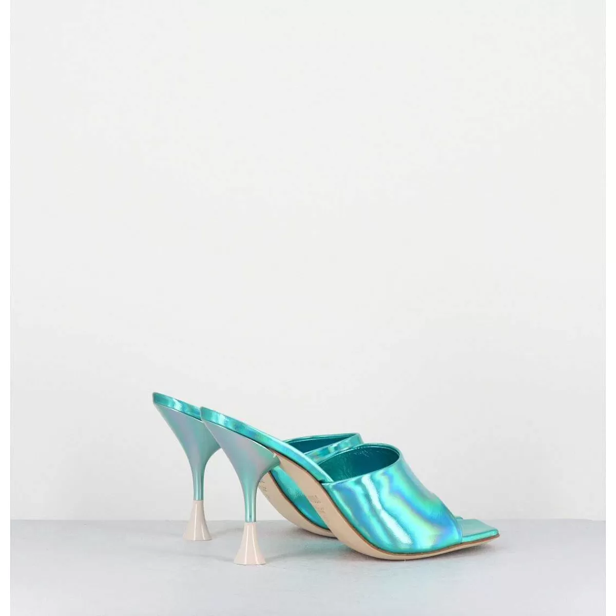 Outlet Mules Talon Haut Cuir Iridescent Turquoise - Asia Cosmo Ocean Femmes Sandales