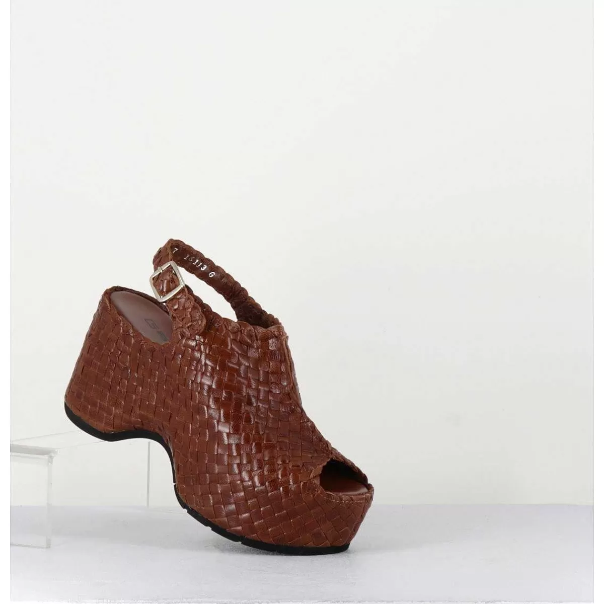 Outlet Sandales Compensees En Cuir Marron Tresse - Posi23 Brown Femmes Plateformes