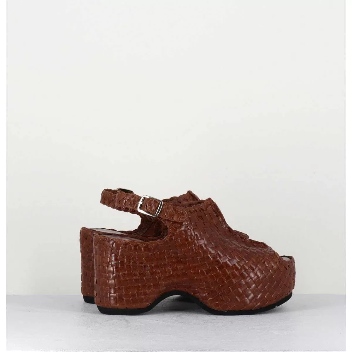 Outlet Sandales Compensees En Cuir Marron Tresse - Posi23 Brown Femmes Plateformes