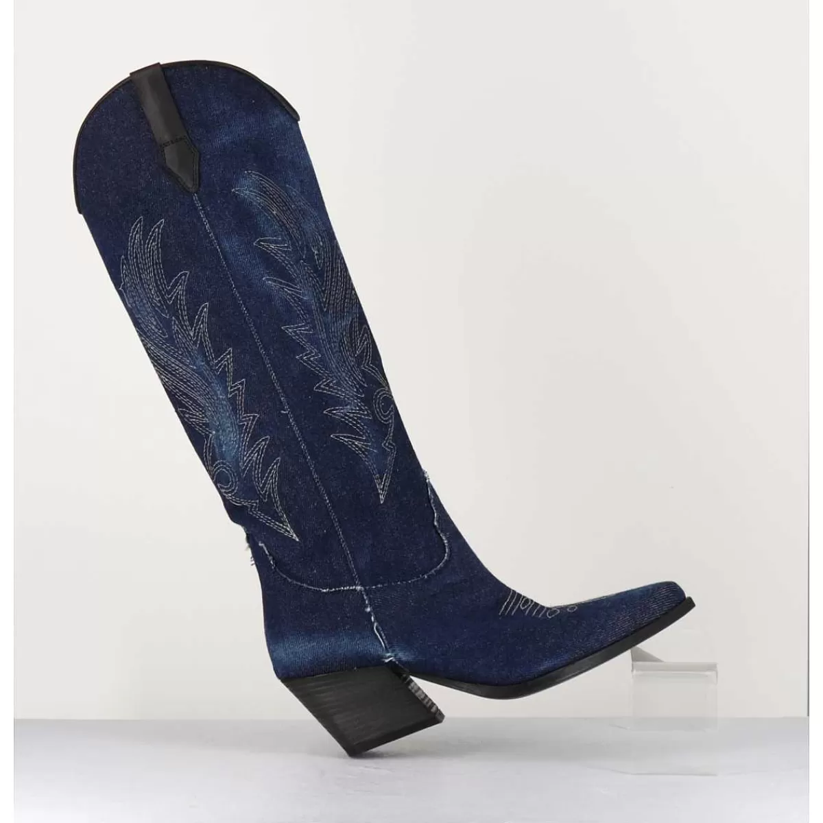 Store Santiags Hautes En Jean Bleu & Cuir Noir - Pe3037 Jeans Femmes Bottes