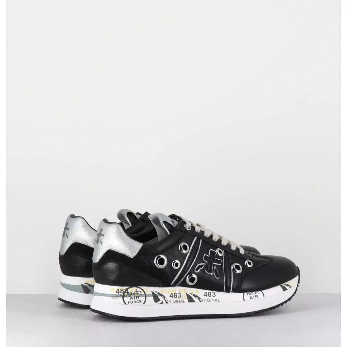 Best Sale Sneakers Double Semelle Cuir Noir & Rivets - Conny 6553 Femmes Sneakers