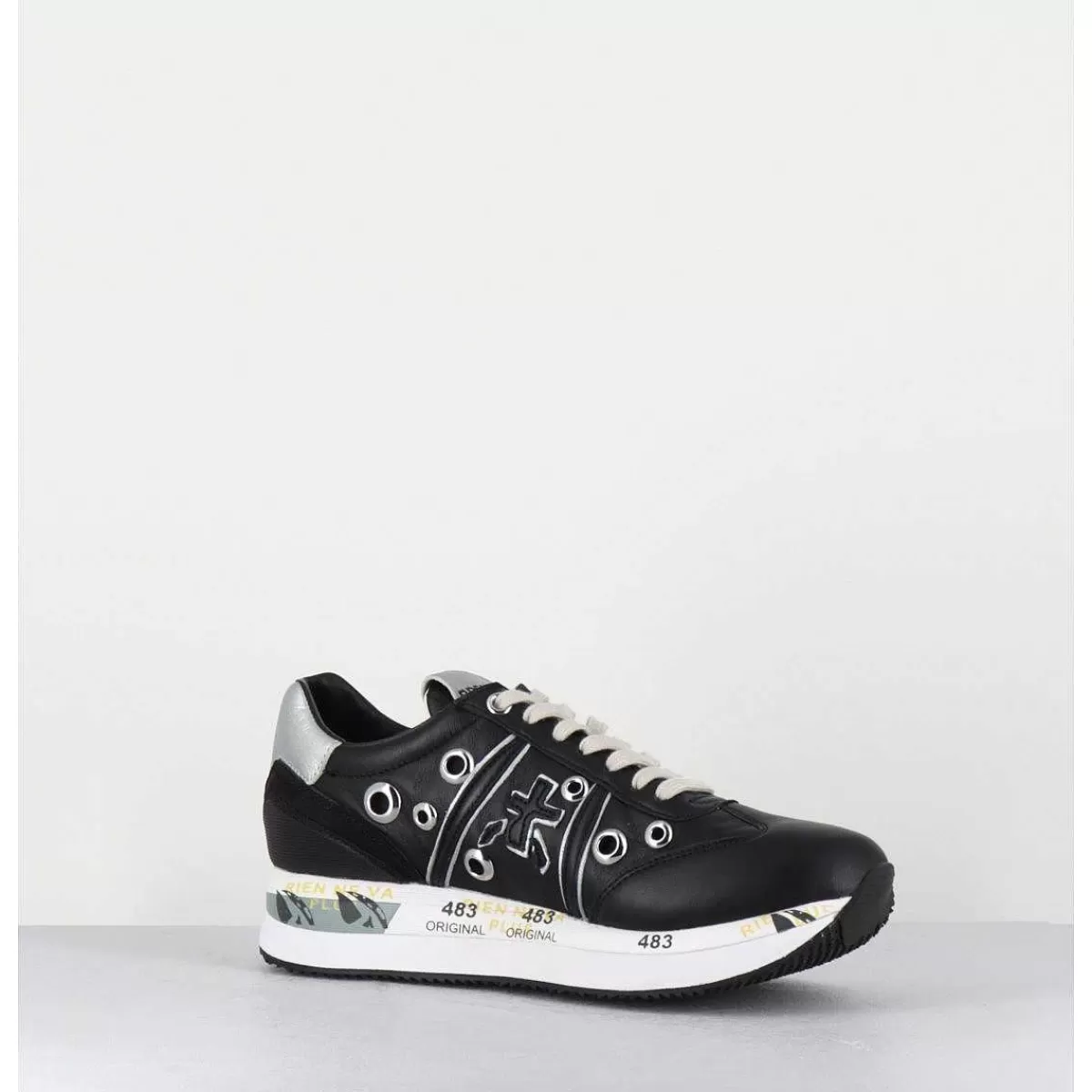 Best Sale Sneakers Double Semelle Cuir Noir & Rivets - Conny 6553 Femmes Sneakers