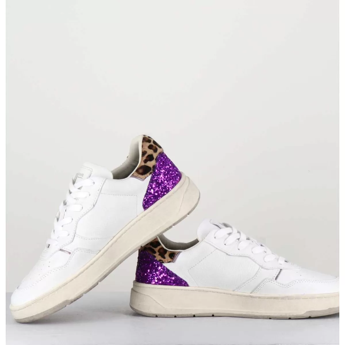 Flash Sale Sneakers En Cuir Blanc & Glitter Violet - Timeless Low Femmes Sneakers